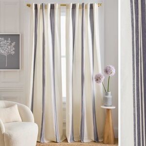 NWT QUINCE Set Of 2 48x96 Coastal Stripe Linen Cotton Curtains Iv/Navy 4332